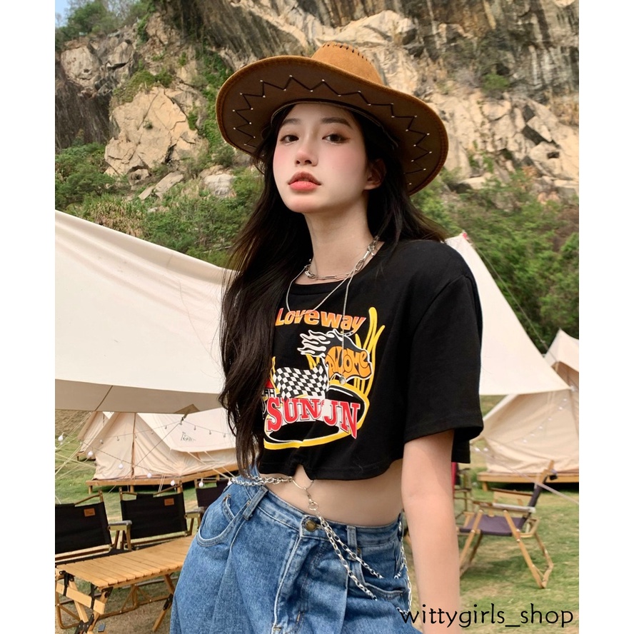 Wittygirls-áo Thun Đen Tay Ngắn Phối Dây Xích Thời Trang Mùa Hè Dễ Phối Đồ Cho Nữ