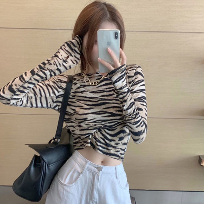 Áo thun dài tay cổ tròn kẻ sọc ngựa vằn thời trang mới cho nữ