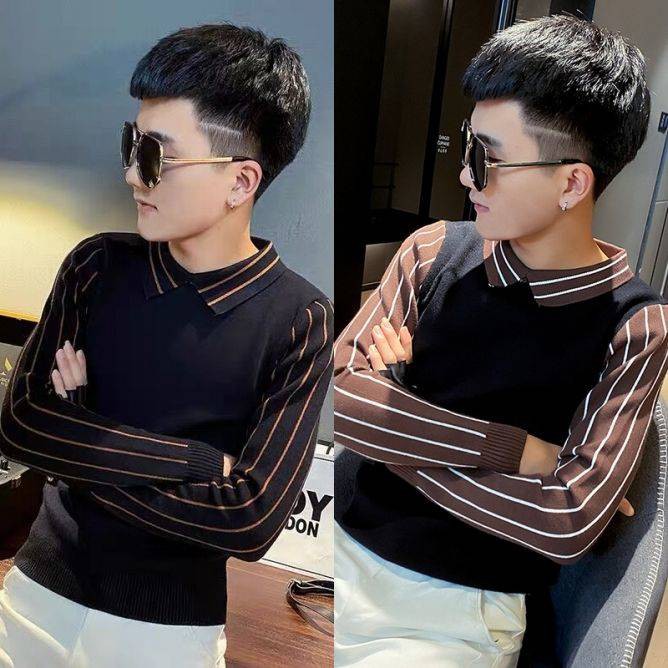 Áo Sweater Giả Hai Lớp Cổ Sơ Mi Họa Tiết Kẻ Sọc Thời Trang Mùa Đông Phong Cách Hàn Quốc Cho Nam