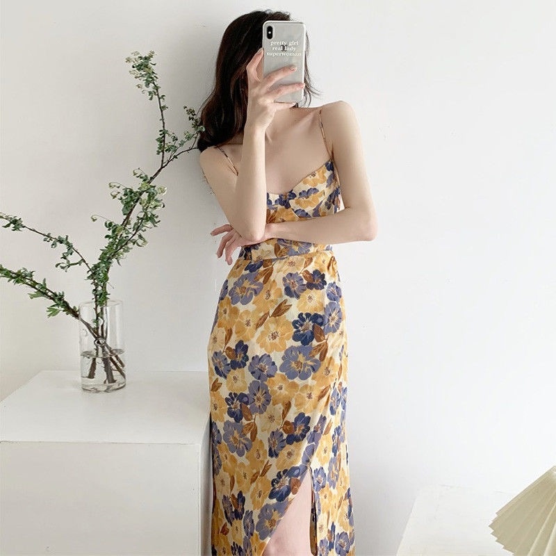 Đầm Hai Dây Xẻ Tà Họa Tiết Hoa Phong Cách Retro Pháp