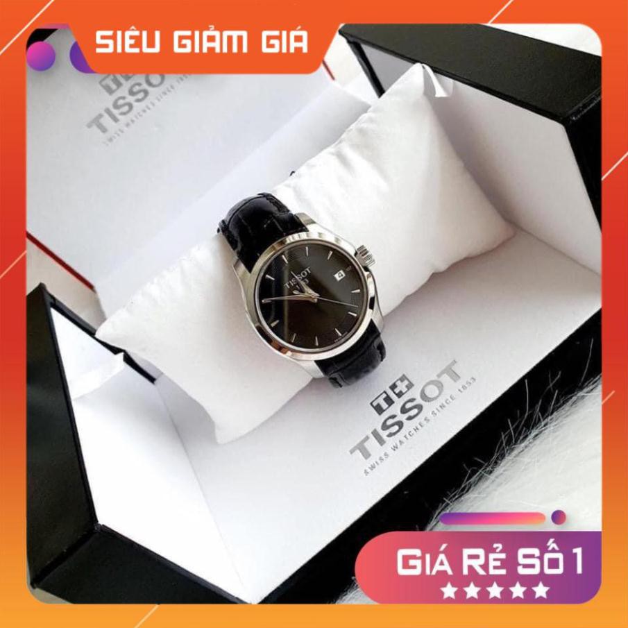 Đồng hồ nữ Tissot Couturier Lady T0352101605101 mặt đen viền bạc dây da đen Full Box ⚜️Hàng Authentic⚜️