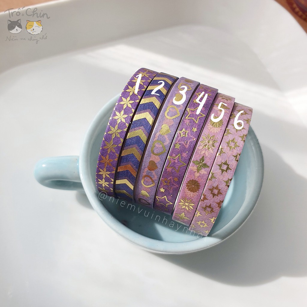 [HÀNG CÓ SẴN] [ẢNH THẬT] Washi tape nhũ ánh kim cực kì sắc nét HỒNG TÍM (5mm*2m)