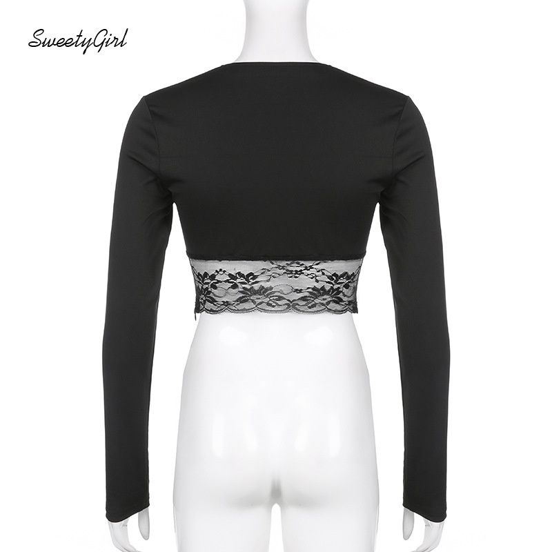 Áo Croptop Tay Dài Cổ Chữ V Màu Trơn Cài Nút Viền Ren Thời Trang Đường Phố Cho Nữ