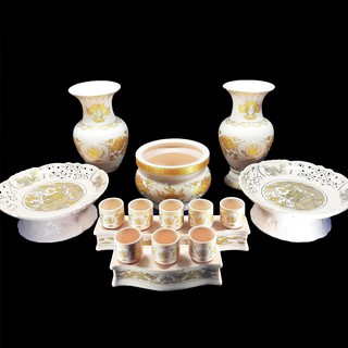 Bộ thờ cúng sứ rồng hồng lửa lư,bình,dĩa,bi nước,án 3,án 5,ống nhang đủ bộ, đủ size