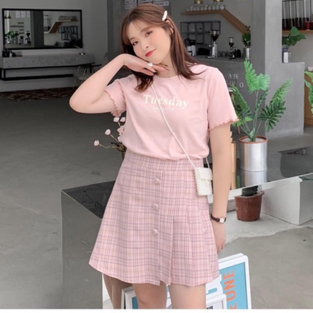 Chân váy caro big size màu hồng, nâu xếp li đính 3 nút size 65-105kg