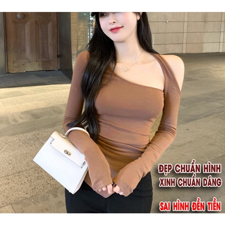 Áo thun nữ vạt nhọn ôm trễ vai tay dài nữ, áo phông body sang chảnh màu đen trắng be
