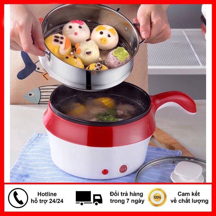 Nồi lẩu điện -Nồi điện mini 2 tầng đa năng chống dính kèm giá hấp nấu mì nấu cháo Chiên Hấp Rán nướng