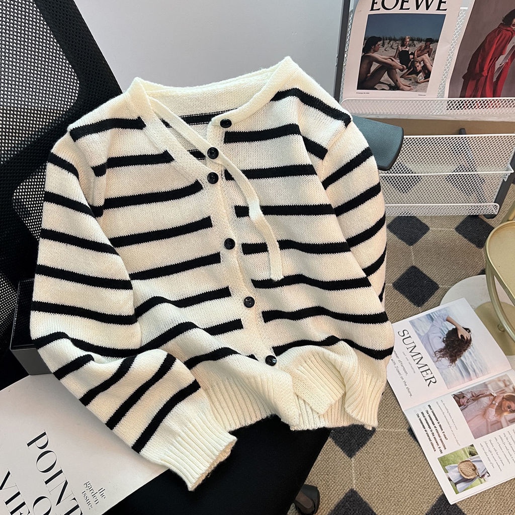Áo khoác cardigan PURE CUBE dệt kim hoạ tiết kẻ sọc thời trang thu đông dành cho nữ