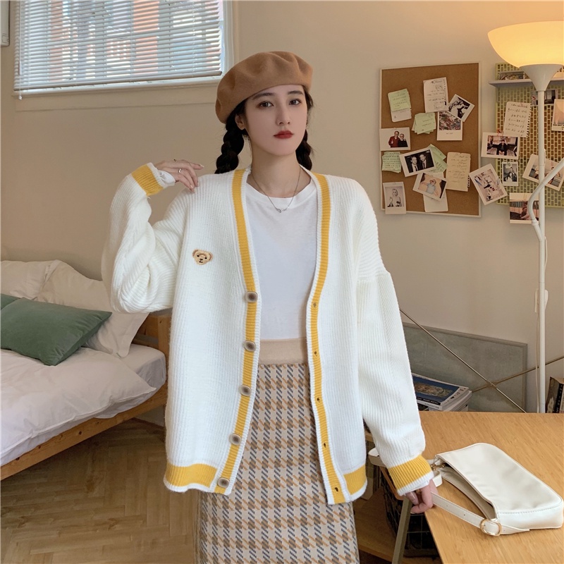 Áo khoác cardigan cổ chữ V dáng rộng thêu họa tiết gấu phong cách mùa thu 2021 cho nữ
