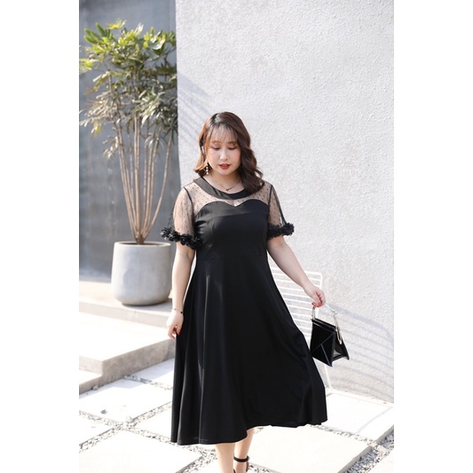 Đầm thun đen vai và tay phối ren hoa 3D bigsize lớn 85-120kg