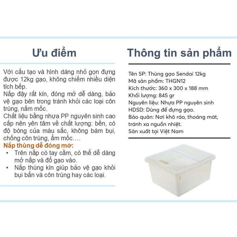 Thùng Đựng Gạo 🥉 Thố Đựng Gạo Có Nắp Cao Cấp Sendai 12 KG Nhựa Kín Kháng Khuẩn Chống Ẩm Thông Minh