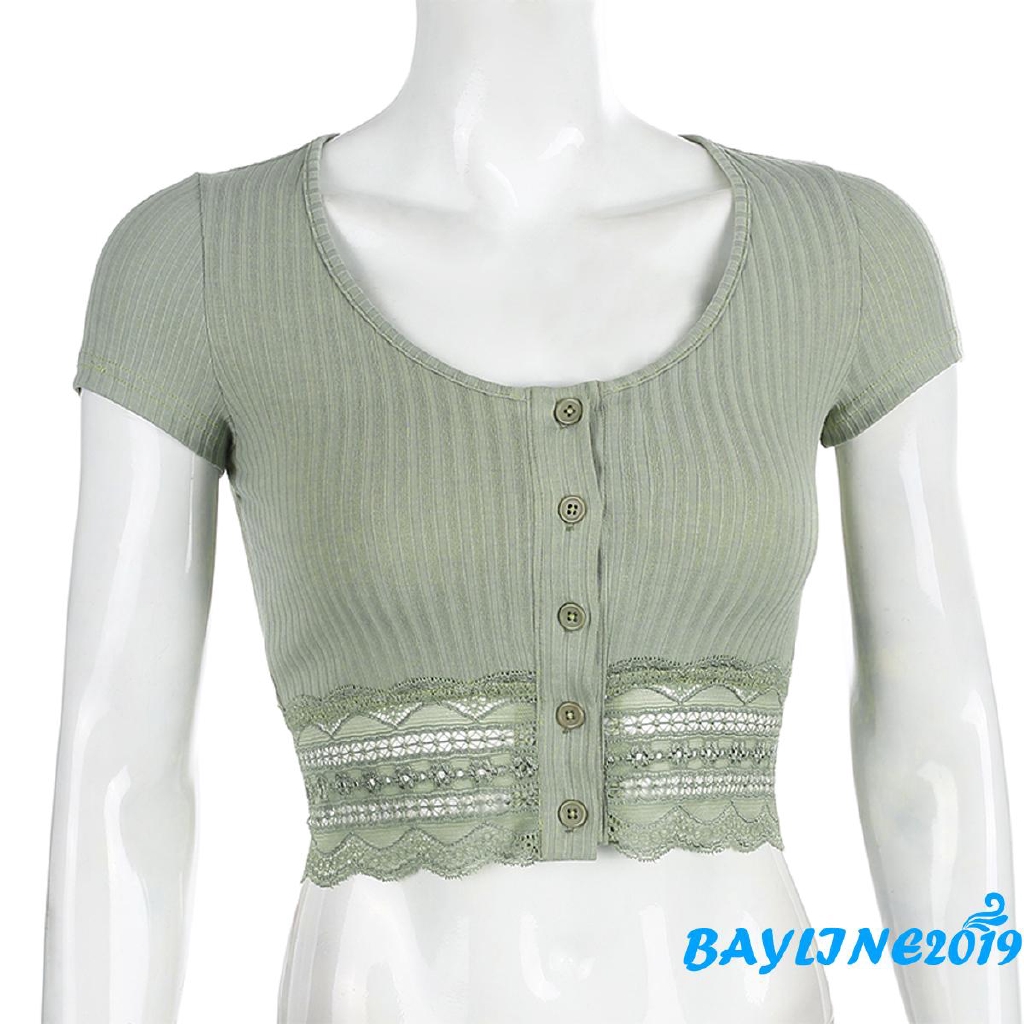 Áo Croptop Tay Ngắn Phối Ren Hoa Thiết Kế Quyến Rũ Cho Nữ
