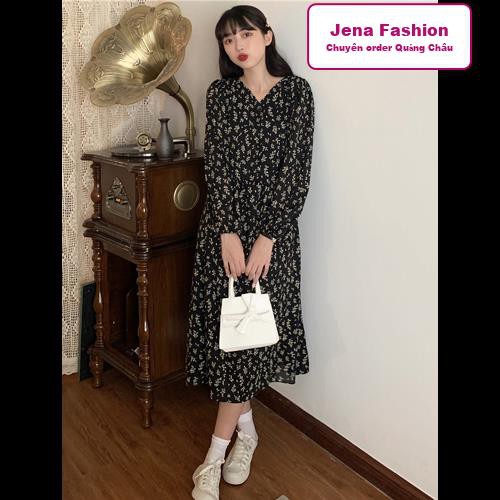 Váy hoa nhí Quảng Châu dáng dài 2 lớp, thắt nơ eo hoạ tiết cỏ vintage hàng chất lượng cao- Jena Fashion | BigBuy360 - bigbuy360.vn