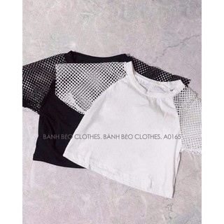 Áo Thun Lụa Tay Ngắn Form Croptop Phối Tay Lưới Cực Chất TTS0841