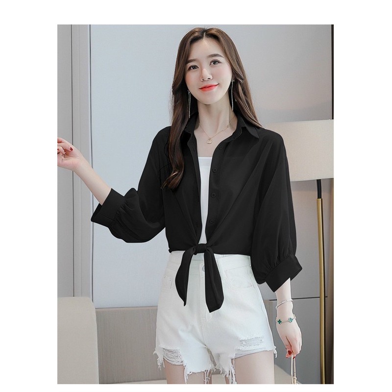 Áo sơ mi voan vạt buộc nơ phong cách sành điệu dáng croptop cho bạn nữ