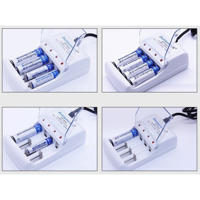 Sạc Pin Doublepow và 4 pin tiểu sạc Doublepow AA 1200mAh dùng cho MIC Hát không dây, đài FM, Đồ chơi, điều khiển ...