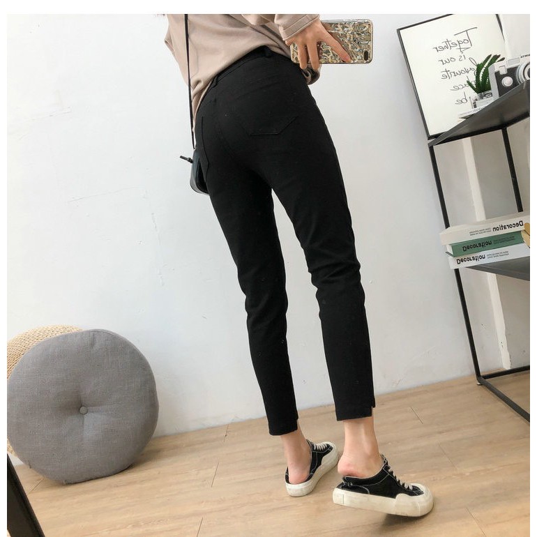 [60kg~85kg] Quần bò jean nữ dài 9 tấc màu đen tuyền, tua lai dành cho Bigsize 2739