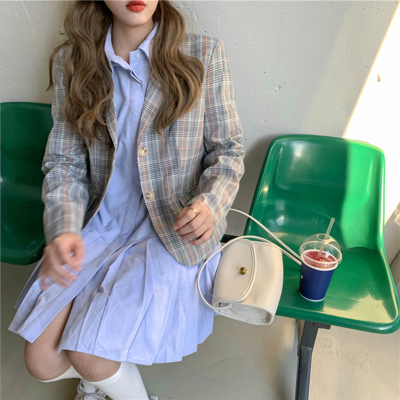 Set Đầm Sơ Mi Tay Dài Xếp Ly + Áo Khoác Blazer Dáng Rộng Kẻ Sọc Ca Rô 41823 | BigBuy360 - bigbuy360.vn