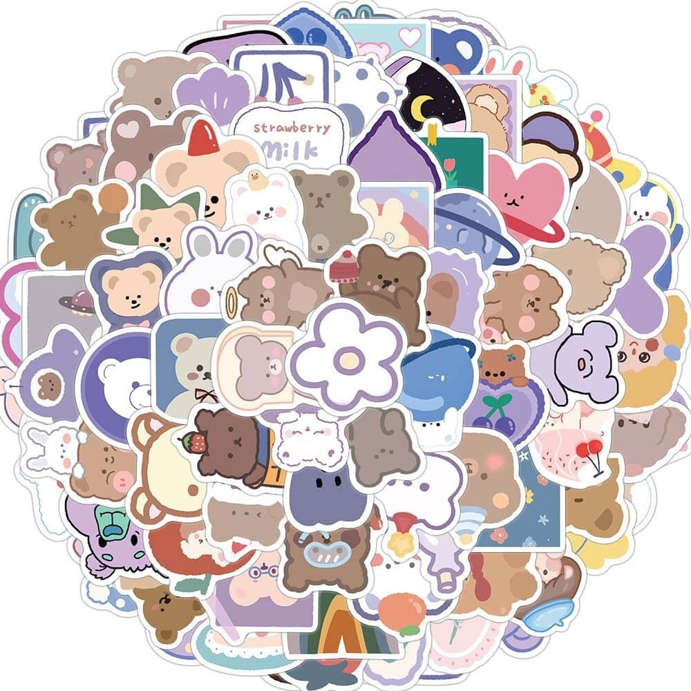Set 90 sticker hình dán gấu tím dễ thương chống thấm nước