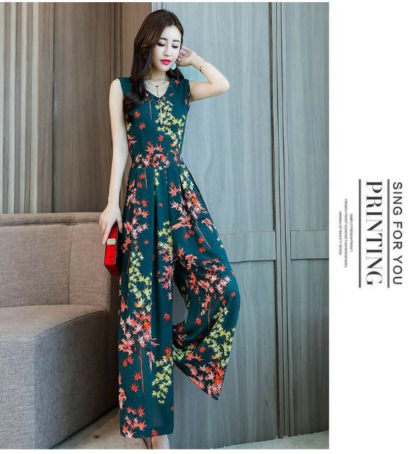 Hàng nhập - Jumpsuit dài voan lụa in lá phong