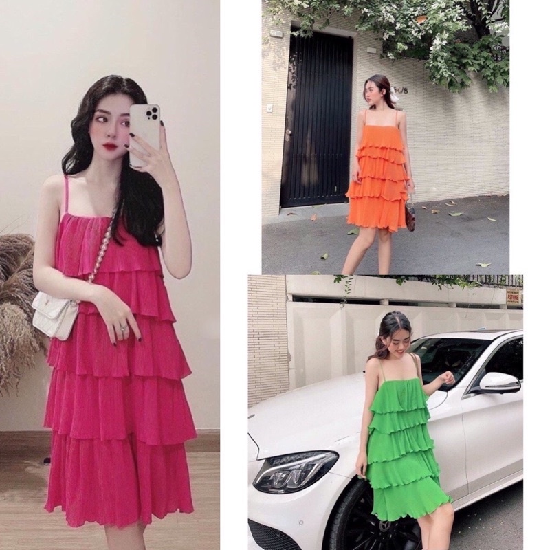 Đầm hai dây tầng xếp li