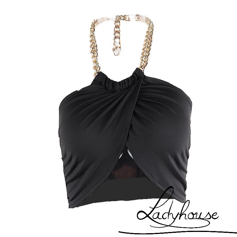 Ldd-áo Croptop Không Tay Hở Lưng Cổ Yếm Dây Xích Kim Loại Màu Đen Thời Trang Mùa Hè Dành Cho Nữ