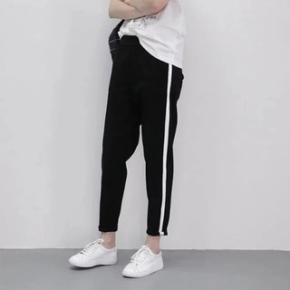Quần thể thao nữ dài đen dây rút chất vải umi dày mát phối một sọc trắng co dãn 4 chiều Quần jogger nữ cá tính cạp chun