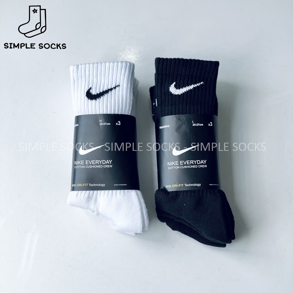 Pack 3 Đôi Vớ Nike Chính HãngFREESHIPTất Nike Dri Fit Cổ Cao 2 Màu Đen,Trắng - Chất Cotton Thấm Hút Mồ