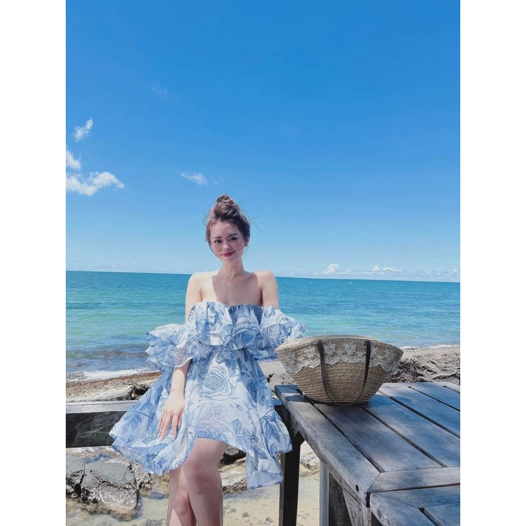 (Mẫu Mới) Đầm Thiết Kế HOT Trend --- Đầm Voan In Hở Vai Xinh Lung Linh UP h.h.p