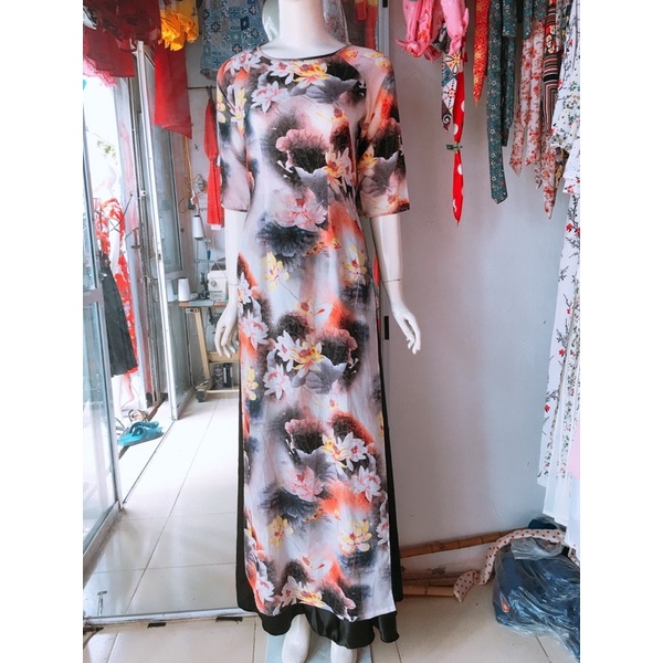 Áo dài Hồng hoa sen 2 tà