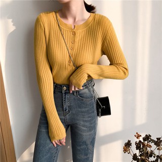 Áo len gân dệt kim ôm dáng ngắn cổ cài khuy Hàn Quốc - Có ảnh thật - Có ảnh thật