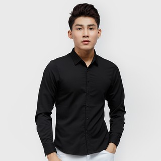 Áo sơ mi nam dài tay vải lụa trơn màu đen