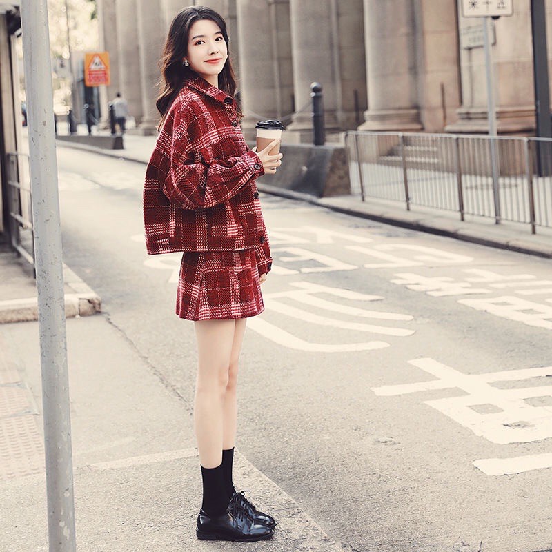 Set Dạ Tweed Áo+Chân Váy Chữ A Kẻ Caro Form Đẹp