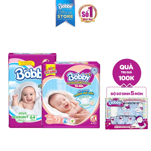 Combo 1 Miếng Lót Bobby NB1 - 64 + 1 Tã Dán Bobby XS72