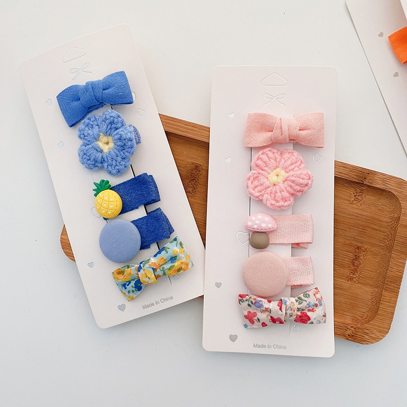 Set 5 kẹp tóc dệt kim hoạ tiết hoạt hình dễ thương thời trang dành cho bé gái