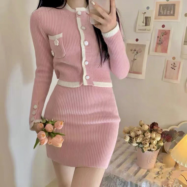 [ hàng QC] Sét body len dệt kim màu hồng chất len dày dặn phong cách retro | BigBuy360 - bigbuy360.vn