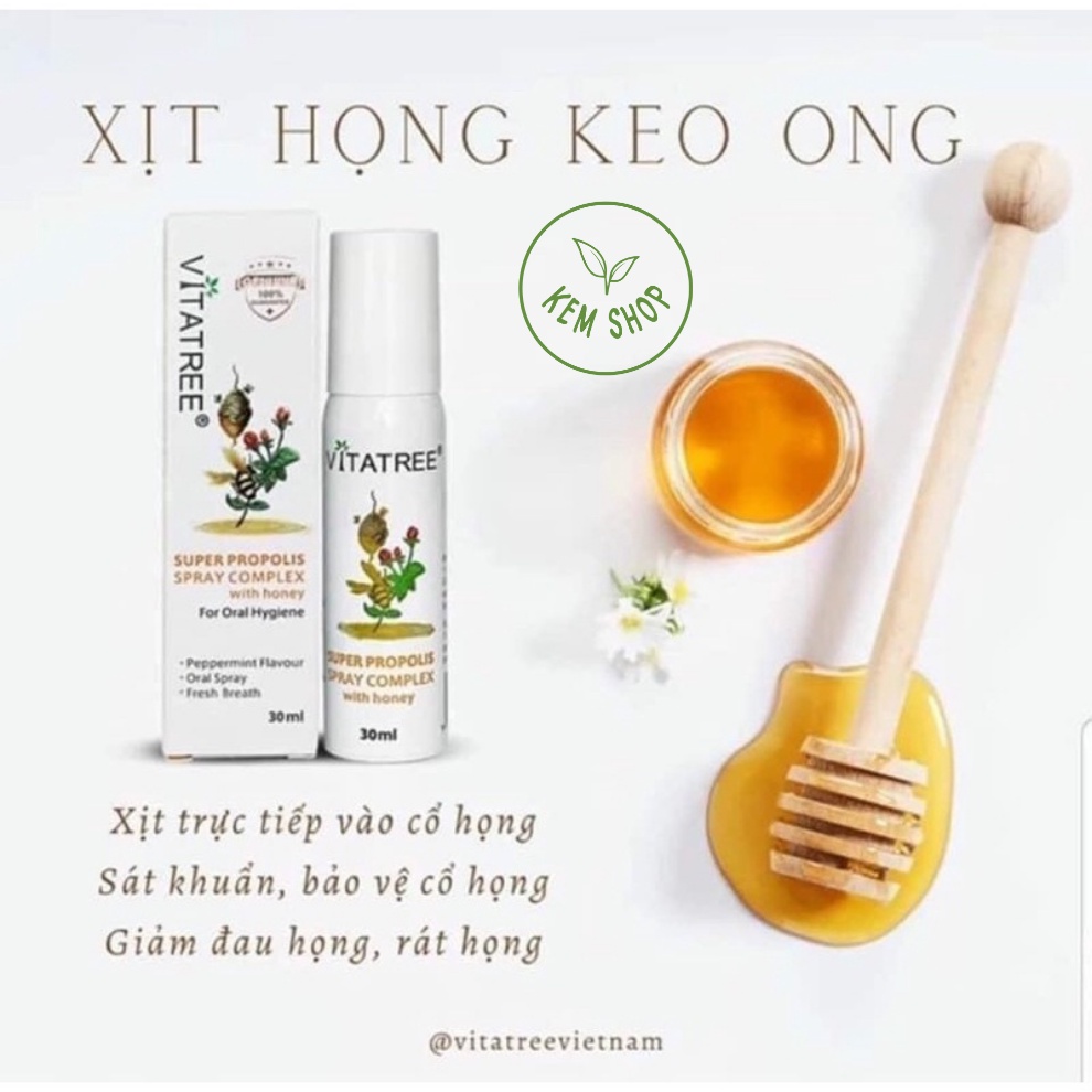 [Cam kết chính hãng] Xịt keo ong Vitatree 30ml, Vitatree Super Propolis Spray complex with Honey, Úc (mẫu mới 30ml)