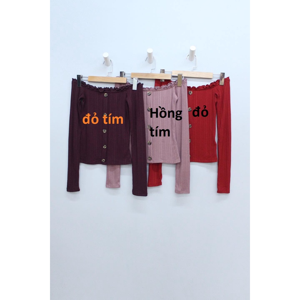 Q8768 - Áo thun gân Seriously Soft trễ vai xoắn viền tay dài nút trước