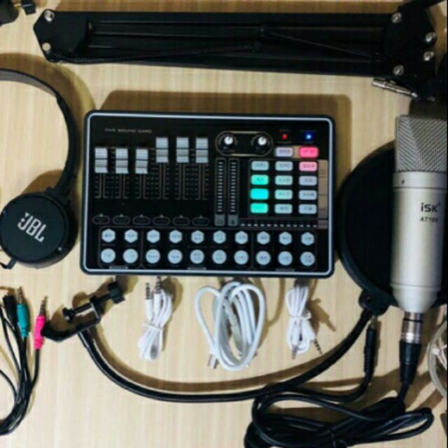 Combo bộ livestream Soundcard H9 + mic AT100 + chân kẹp bàn + màng lọc âm + tai nghe + dây livestream