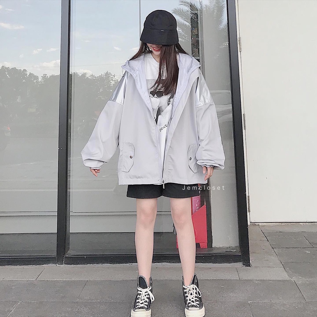 Áo Khoác Dù Nữ Tráng Bạc JEM CLOSET Áo Khoác Form Rộng Dài Tay Mũ Rộng Chất Siêu Nhẹ Unisex 4 Màu Đen Hồng Tím Xám 1564