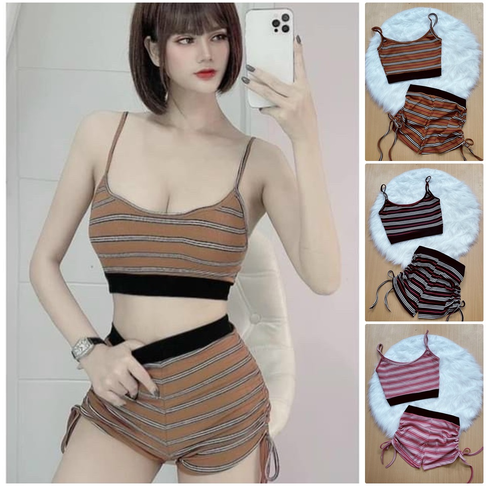 SET ÁO COPTOP 2 DÂY + QUẦN SHORT THUN GÂN KẺ SỌC SEXY - SET ĐỒ NGỦ 3 MÀU GỢI CẢM - FREE SIZE ĐẾN 52KG - U.N110