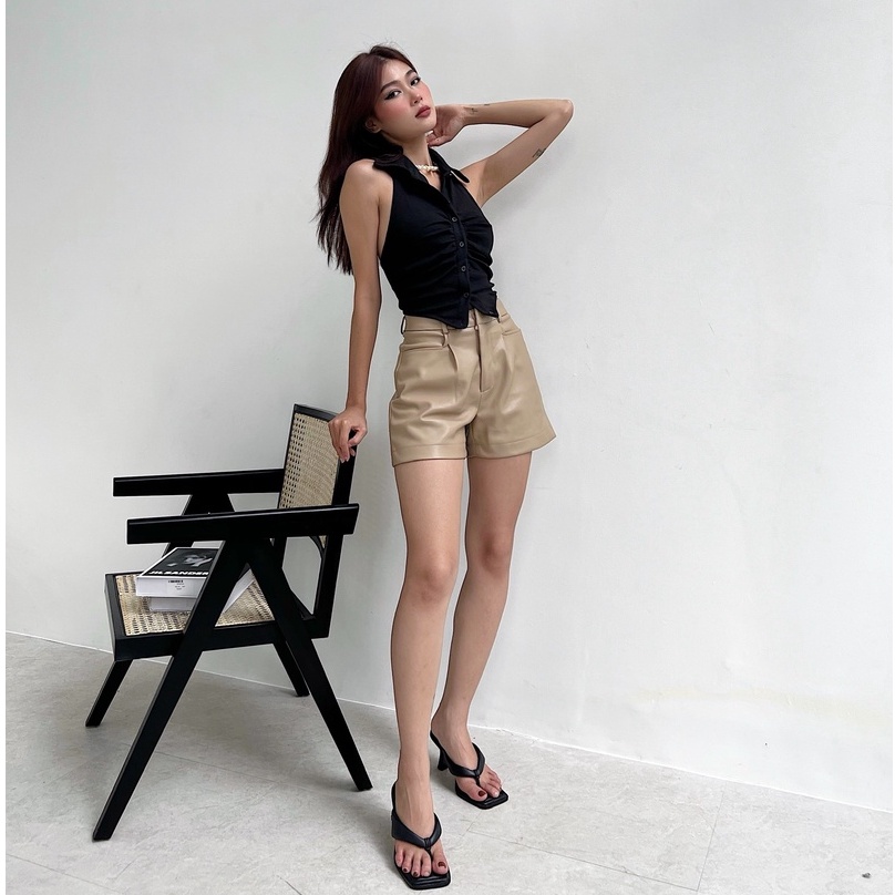 Quần short da nữ TOPTIFY túi kiều xếp ly lưng cao phong cách cá tính Take You Out Short TQV08