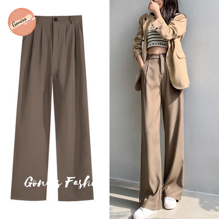 Quần ống rộng Goness 1 khuy lưng cạp cao baggy vải nữ dài suông loe culottes xuông nhiều màu QD01