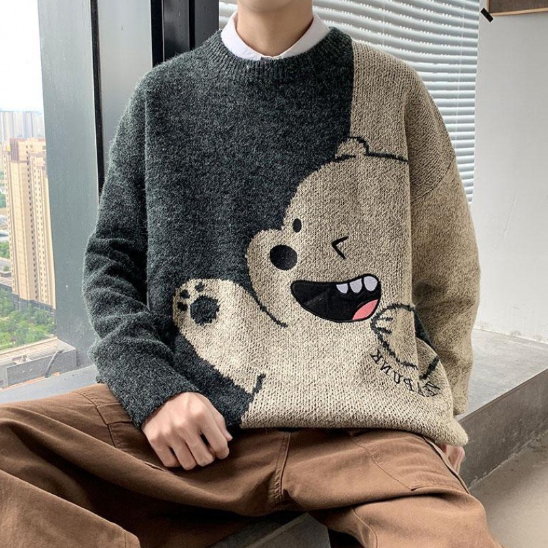 Áo Sweater Dệt Kim Tay Dài Dáng Rộng In Hoạt Hình Kiểu Hồng Kông Thời Trang Cho Nam Tf1