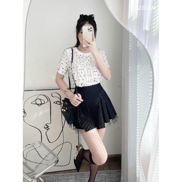 Quần giả váy xếp ly phối lưới