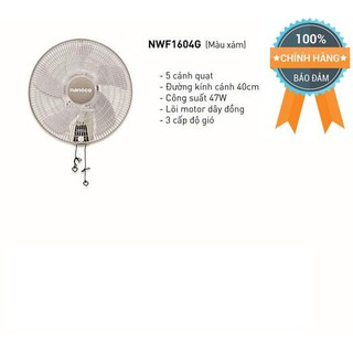 [Mã ELHA22 giảm 6% đơn 300K] Quạt treo tường Nanoco NWF1604G(xám) 2 dây