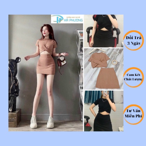 Set áo chân váy chữ a xoắn eo nữ ôm body, set bộ nữ croptop kèm chân váy ngắn cạp cao đi biển tiểu thư bánh bèo màu đen