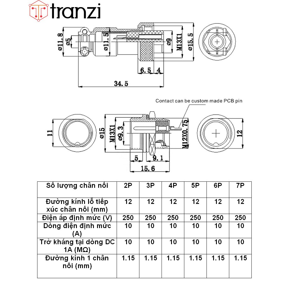 Giắc GX12 3P đực 12mm - túi 5 cái