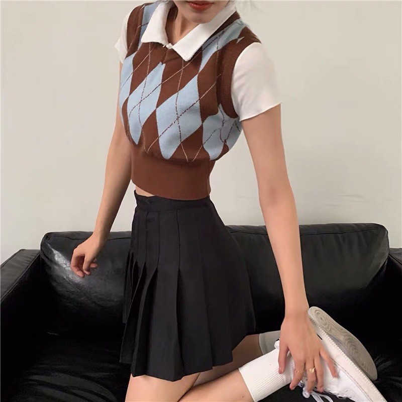 (order) Áo gile croptop Hồng/Đen/Nâu len dệt kim