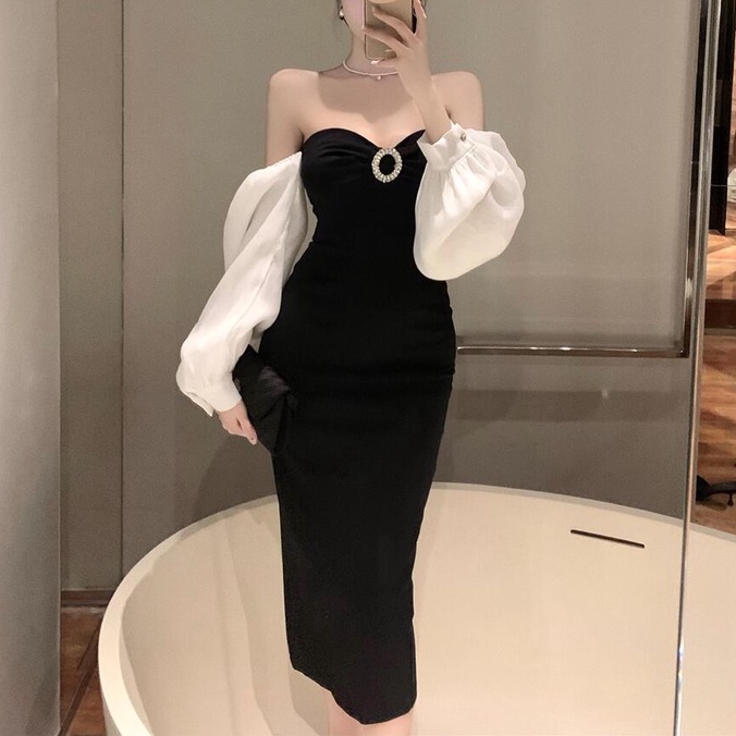 Đầm Ôm Hông Tay Dài Phồng Cổ Cao Vừa Vặn Ghép Màu Sắc Tương Phản Kiểu Pháp